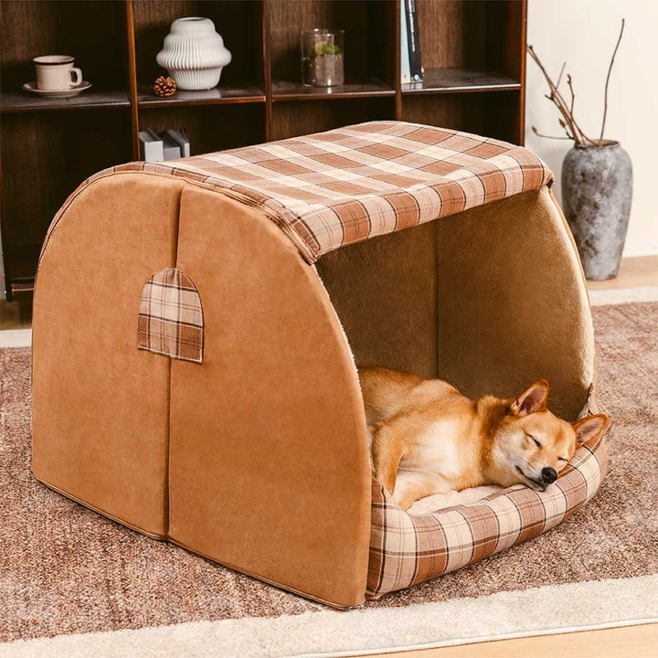 Classical Plaid House Dog Bed