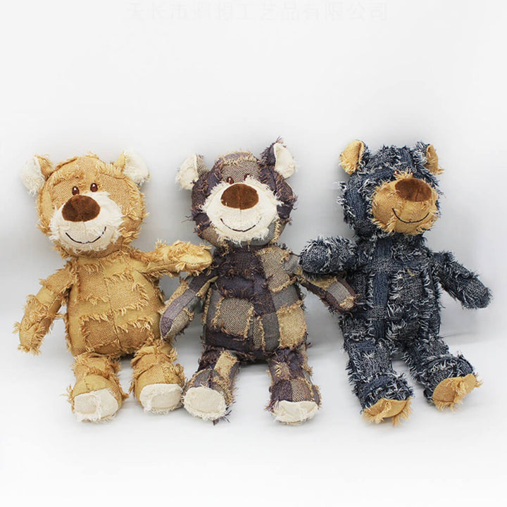 Rustic Denim Plush Bear – Durable Chewable Squeaky Dog Toy