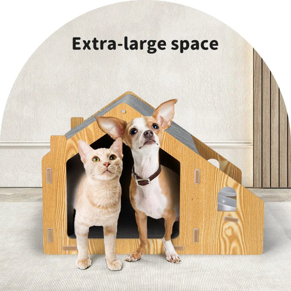 Wooden Cat House with Elevated Double Feeder