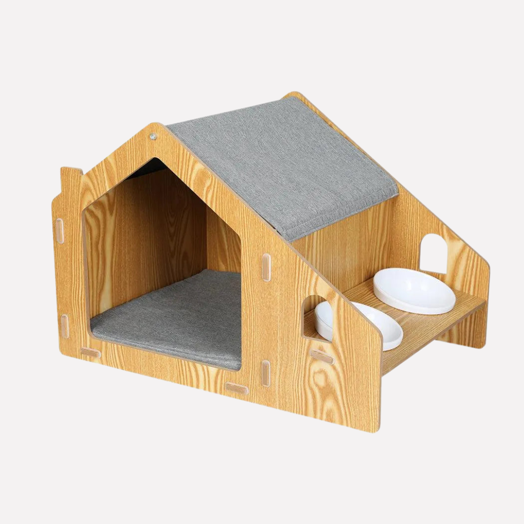 Wooden Cat House with Elevated Double Feeder