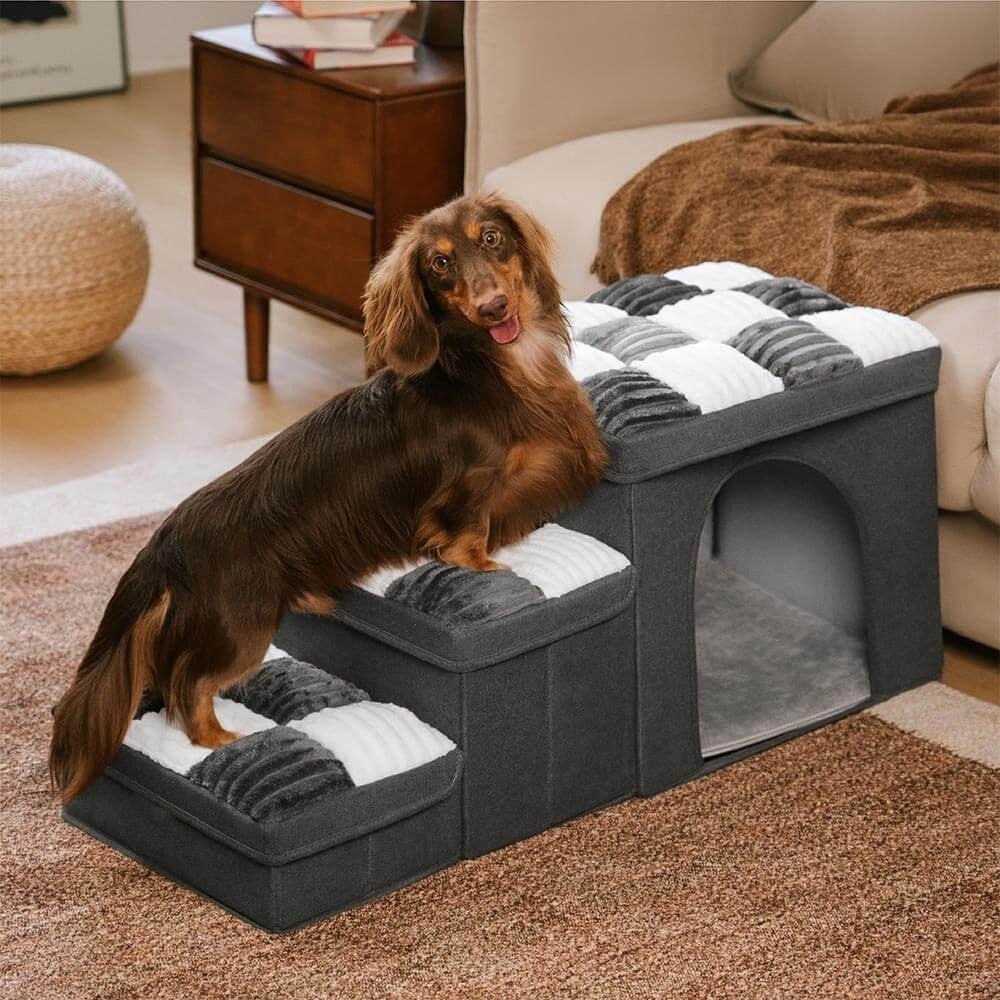 Chessboard Handcrafted Dog Steps with Storage & Condo