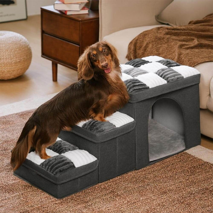 Chessboard Handcrafted Dog Steps with Storage & Condo