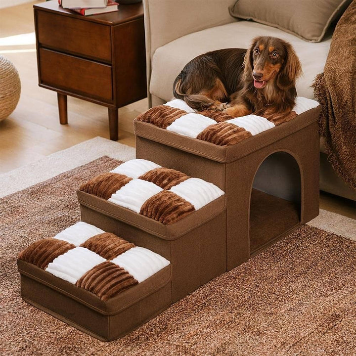 Chessboard Handcrafted Dog Steps with Storage & Condo