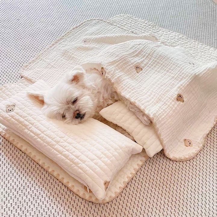 Embroidered Cotton Pet Pillow Quilt Bed Set